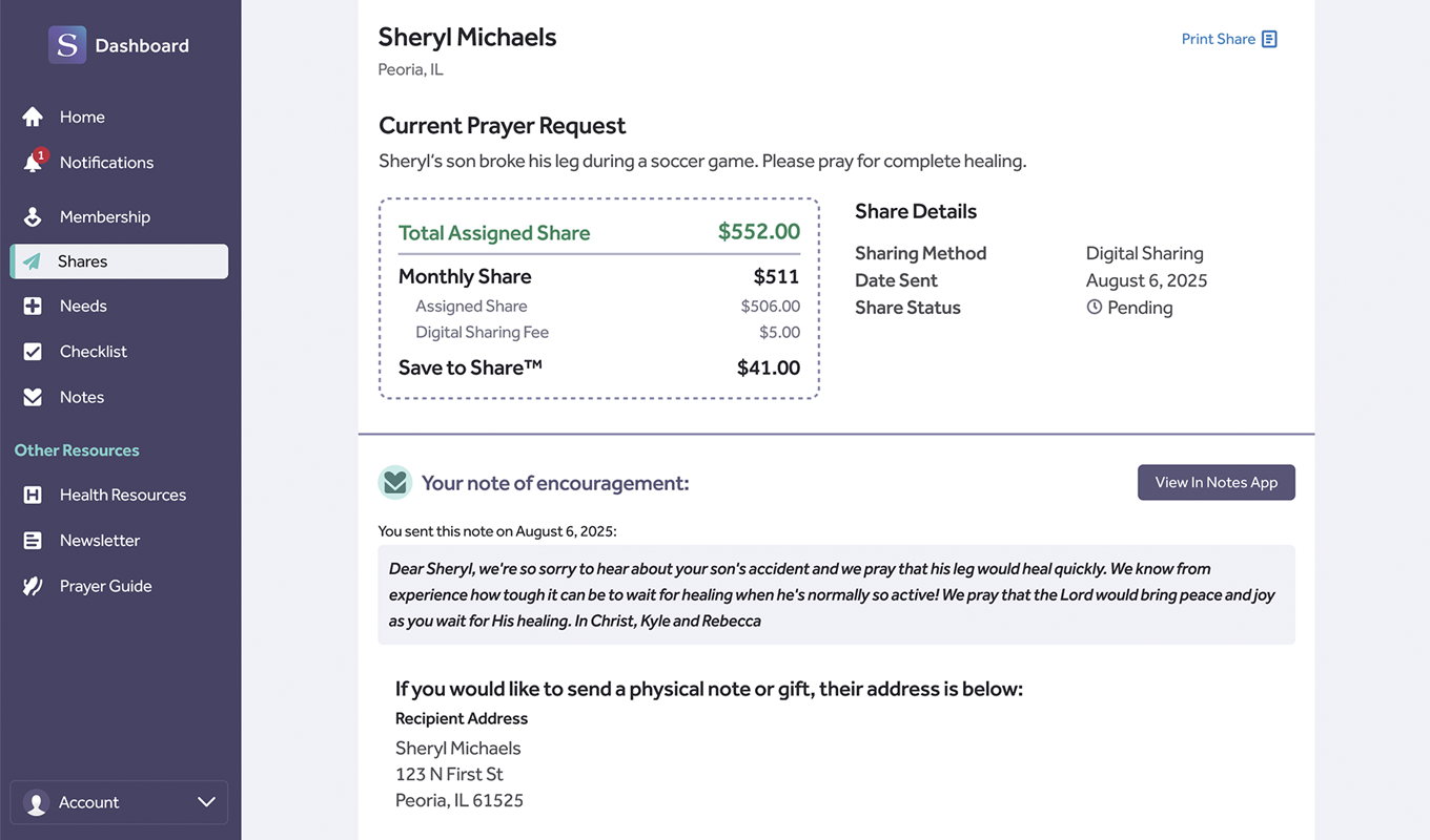 A representative screenshot of digital sharing through Samaritan Ministries.