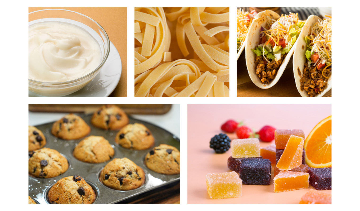 Collage of kid‑friendly foods for picky eaters, including yogurt, dry pasta noodles, ground beef tacos, blueberry muffins, and fruit‑flavored snack cubes.
