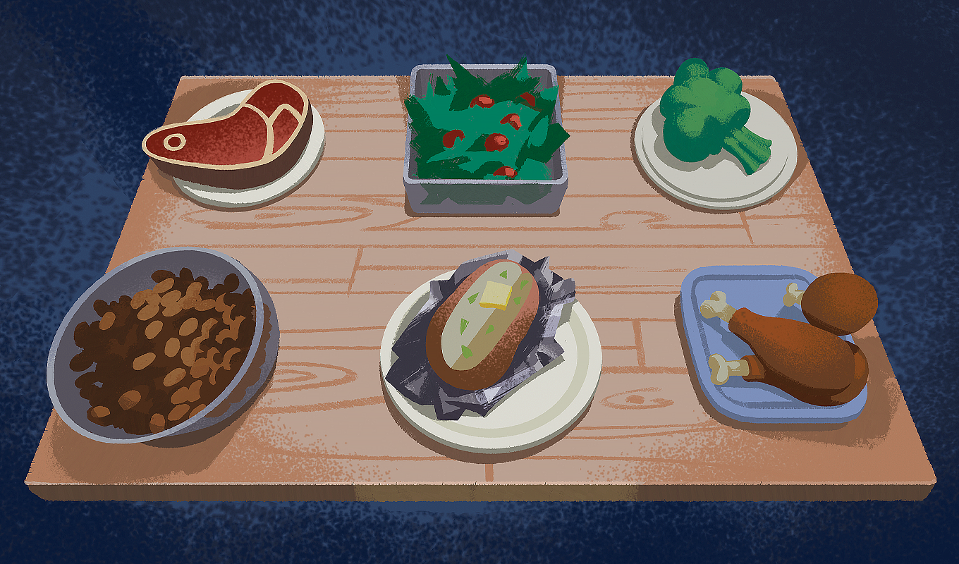 Food sources of iron rest on a table.