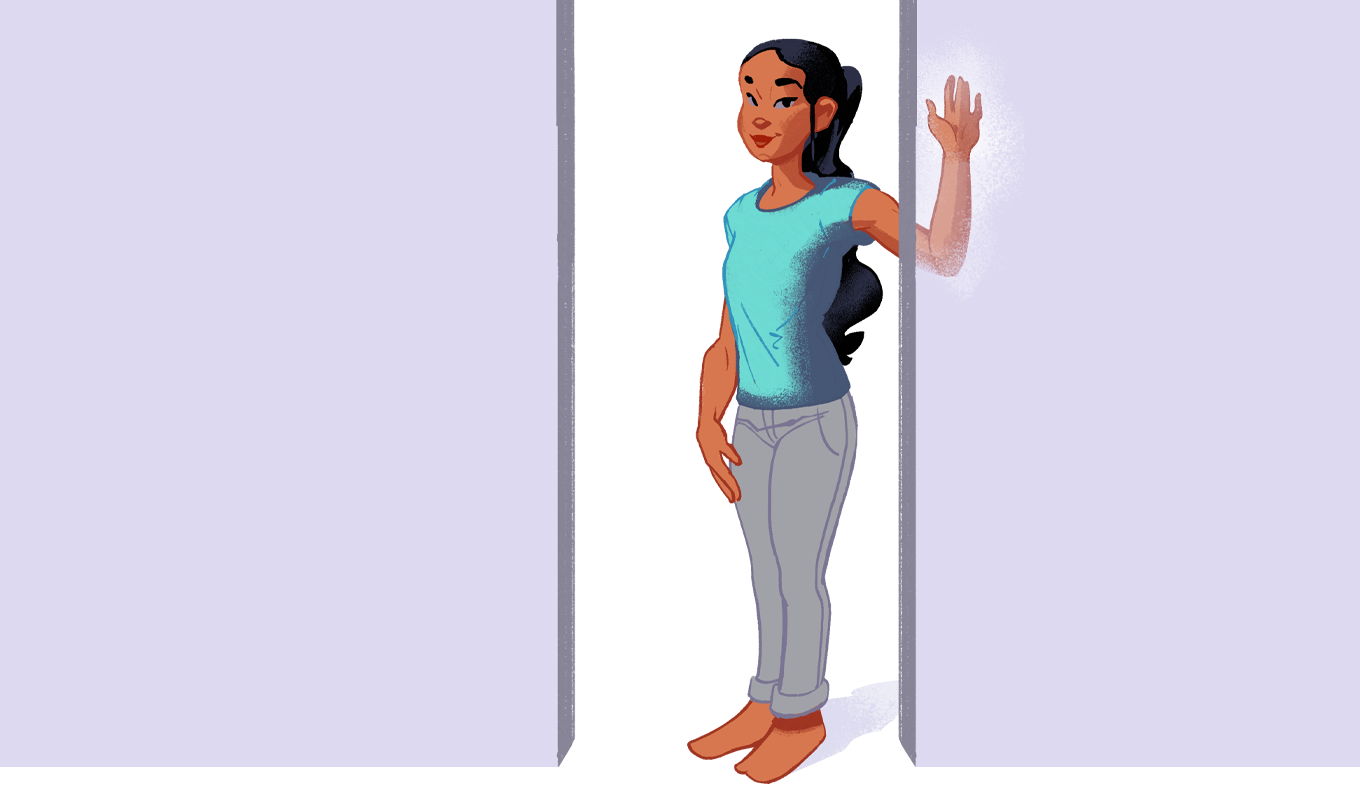 Illustration of a woman standing in a doorway raising her left arm in a stretching motion.