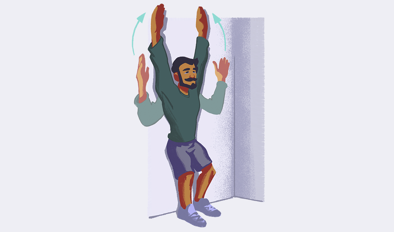 Illustration of a bearded man standing against a wall while lifting both arms up and down.