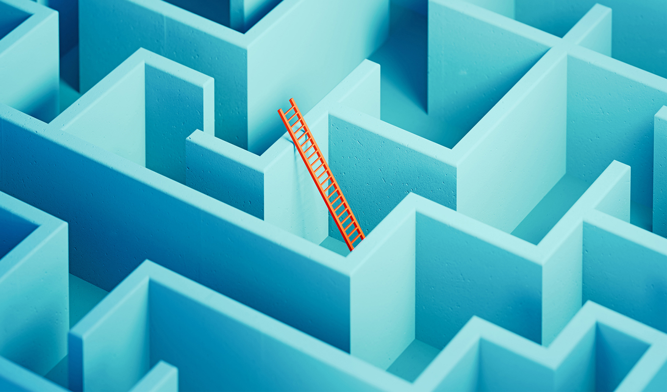 An orange ladder leans up against a blue wall in a blue maze.