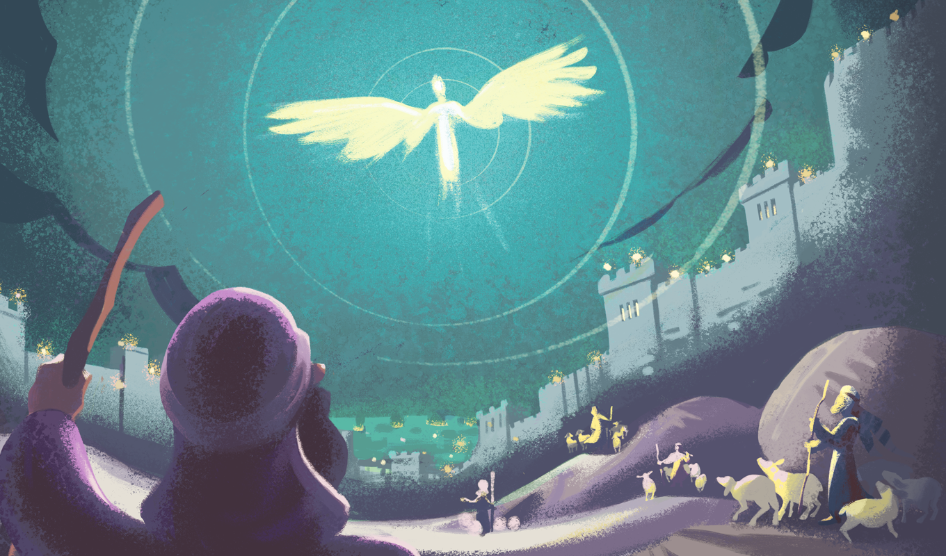 Illustration of angel announcing the birth of Jesus to the shepherd