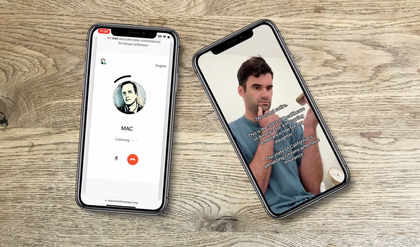 Two smartphones, one featuring a logo and the other a man looking questioningly at his own smart phone.