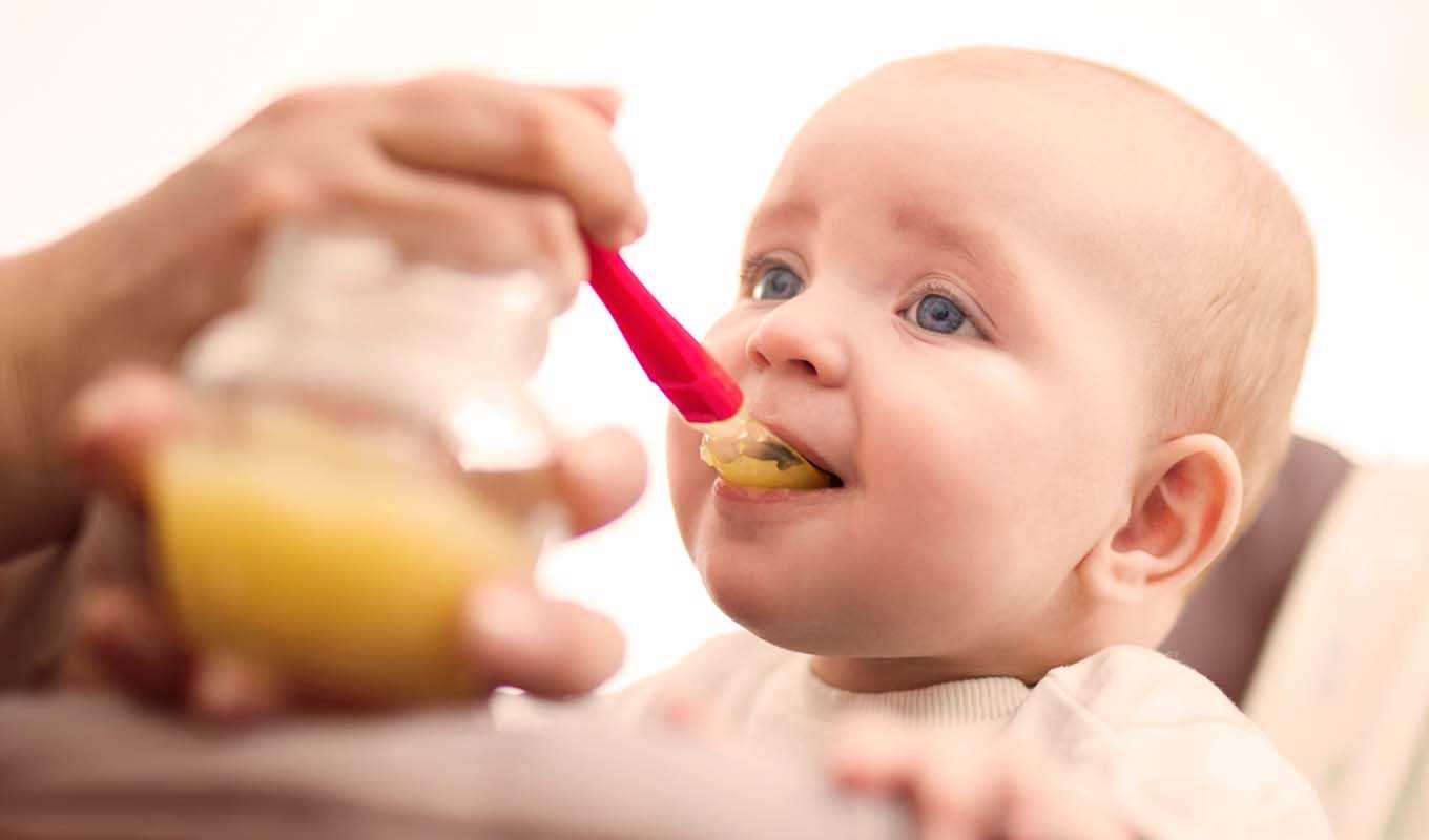 Baby being fed by their parent in a highchair