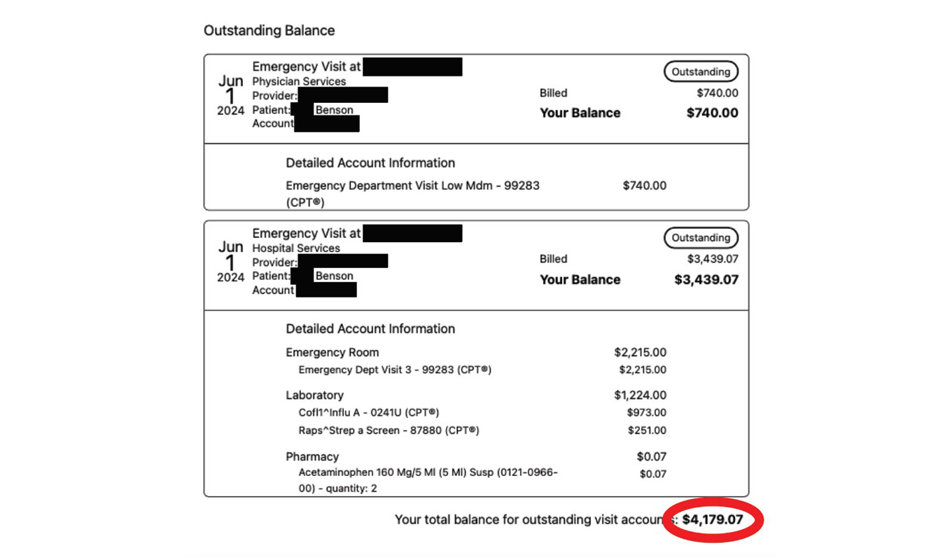 A hospital bill showing a cost of 4,179 dollars