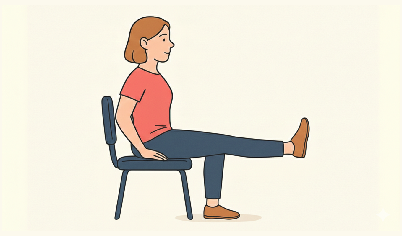 A person sits upright on a chair with their hands resting beside their hips and one leg extended straight forward, demonstrating a seated leg‑extension exercise.