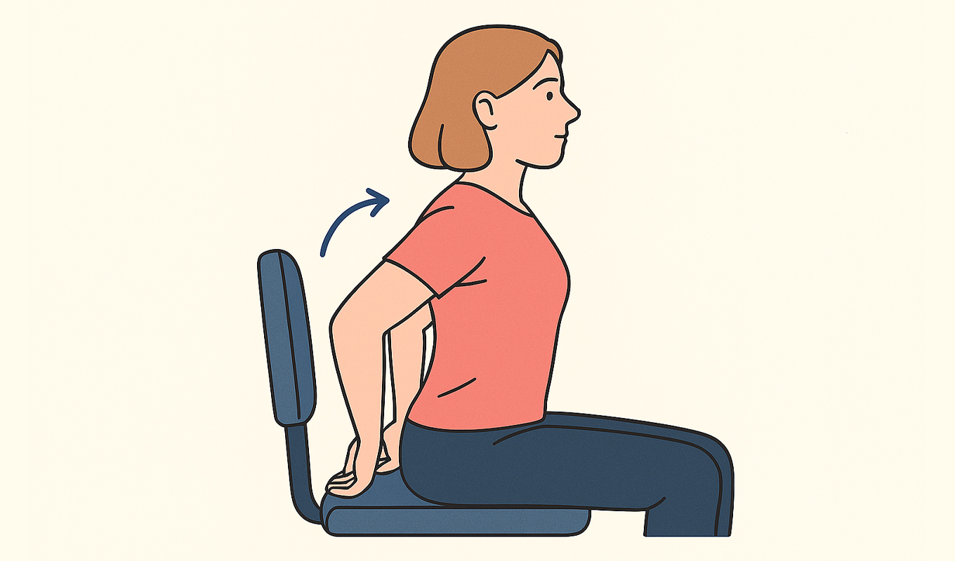 Illustration of a person sitting on a chair while squeezing her shoulder blades together.