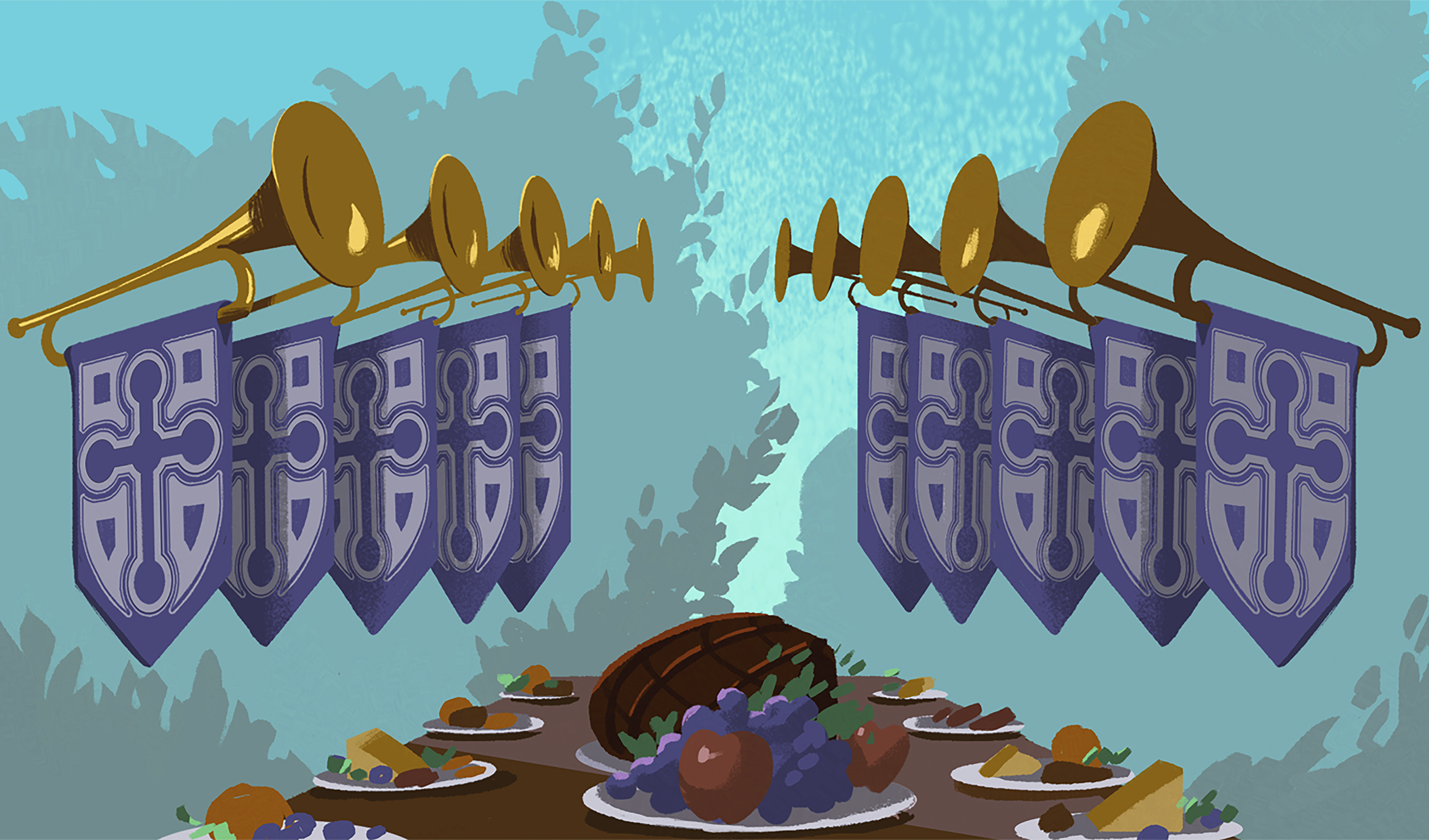 Festive display with golden trumpets holding purple banners above a table filled with fruits, cheese, and bread, set against greenery and a blue sky.