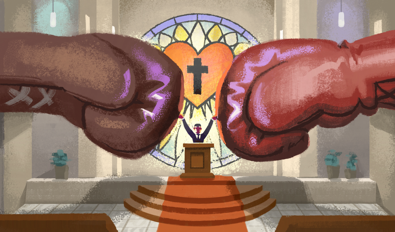 Illustration of pastor between two oversized boxing gloves