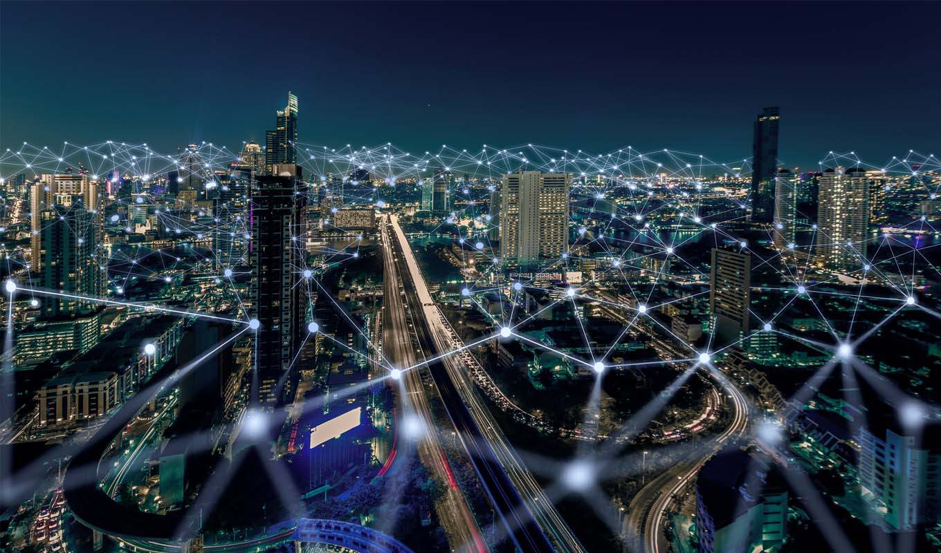 Downtown cityscape with visible wireless connections