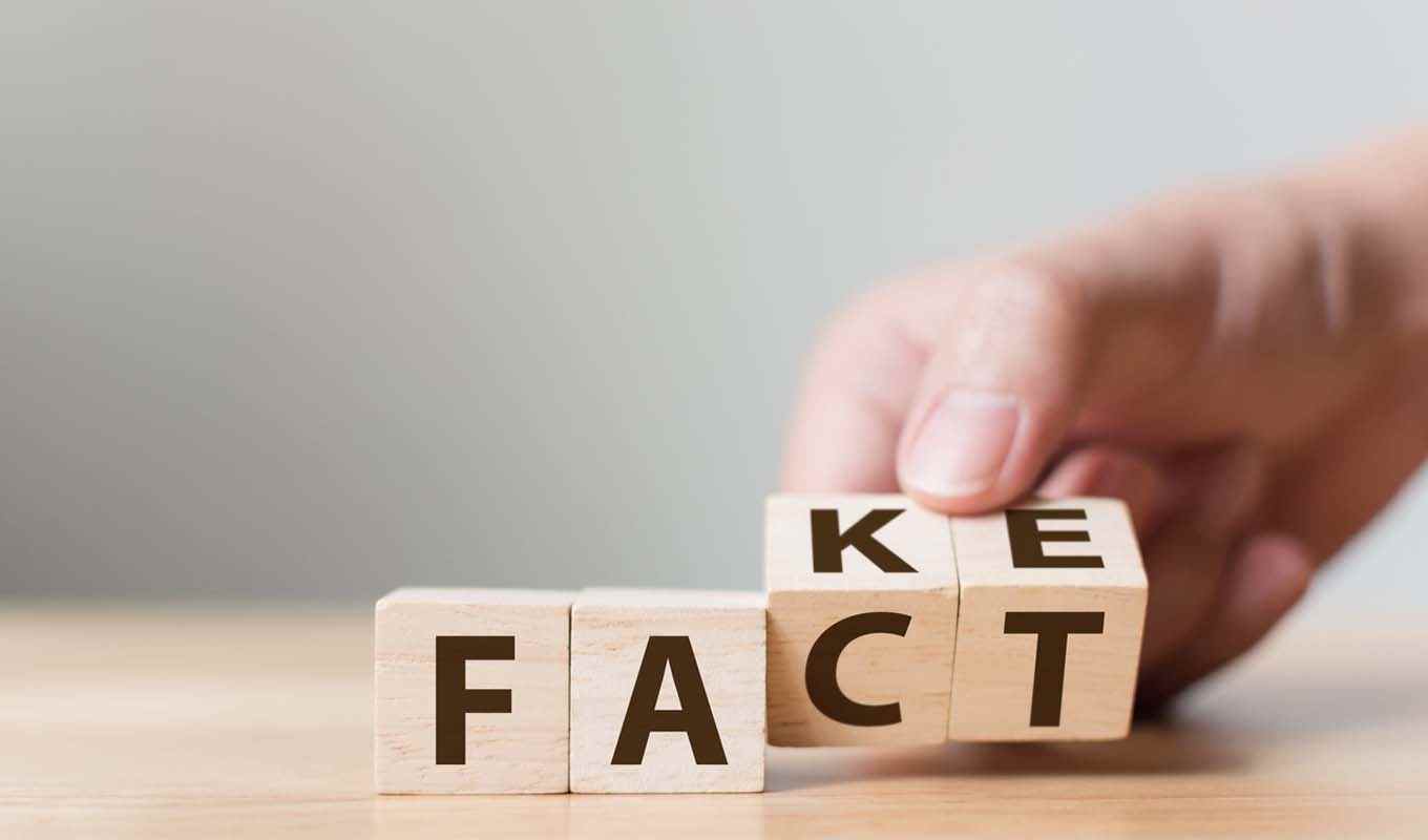 Wood block spelling "fake" and "fact"