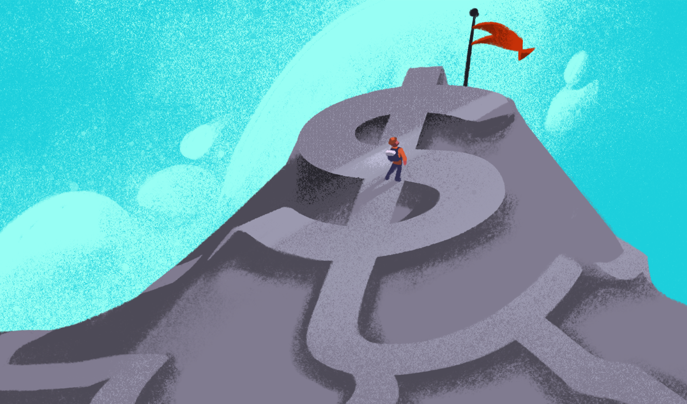 A man triumphantly stands atop a mountain that has a dollar sign on it.