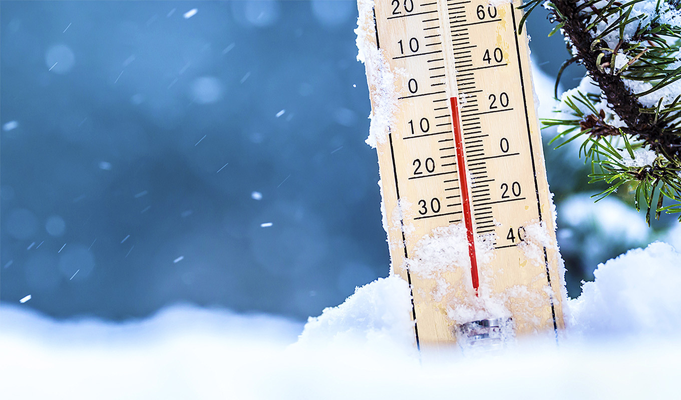A wooden thermometer partially covered in snow reads approximately -10°C, with falling snowflakes and an evergreen branch in the blurred background, depicting a cold winter day.