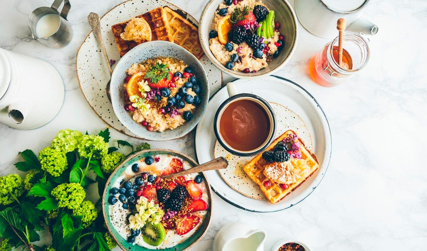 A large but healthy breakfast on a table