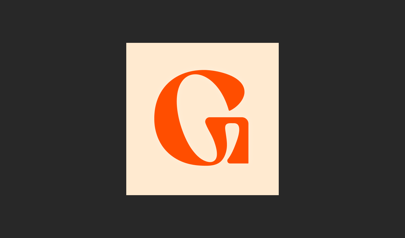 Stylized orange letter “G” logo centered on a beige square against a dark background.