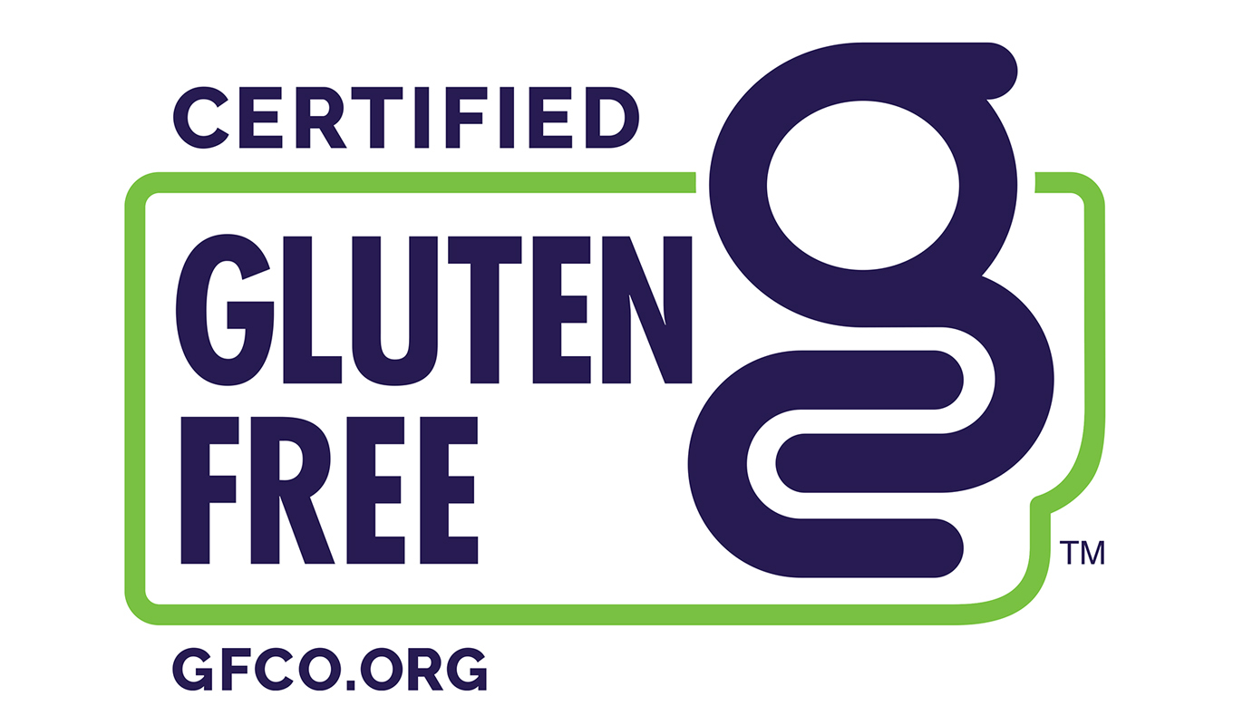 Logo of the Gluten-Free Certification Organization (GFCO) featuring the text "Certified Gluten Free" with a large stylized "G" in a green and blue color scheme, and the website "GFCO.ORG" below.