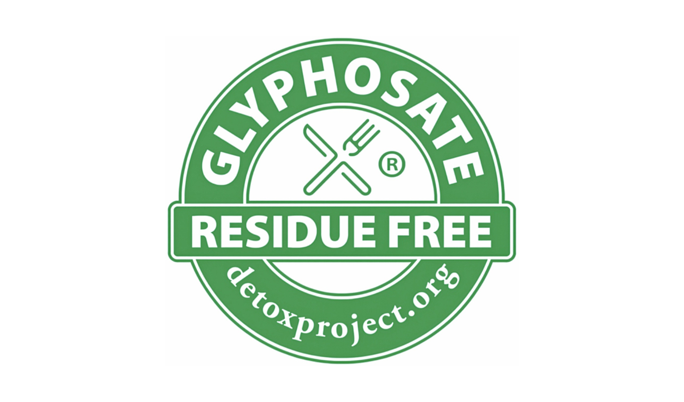 Logo for "Glyphosate Residue Free" certification by The Detox Project, featuring a green emblem with a fork and spoon crossed inside a circle.