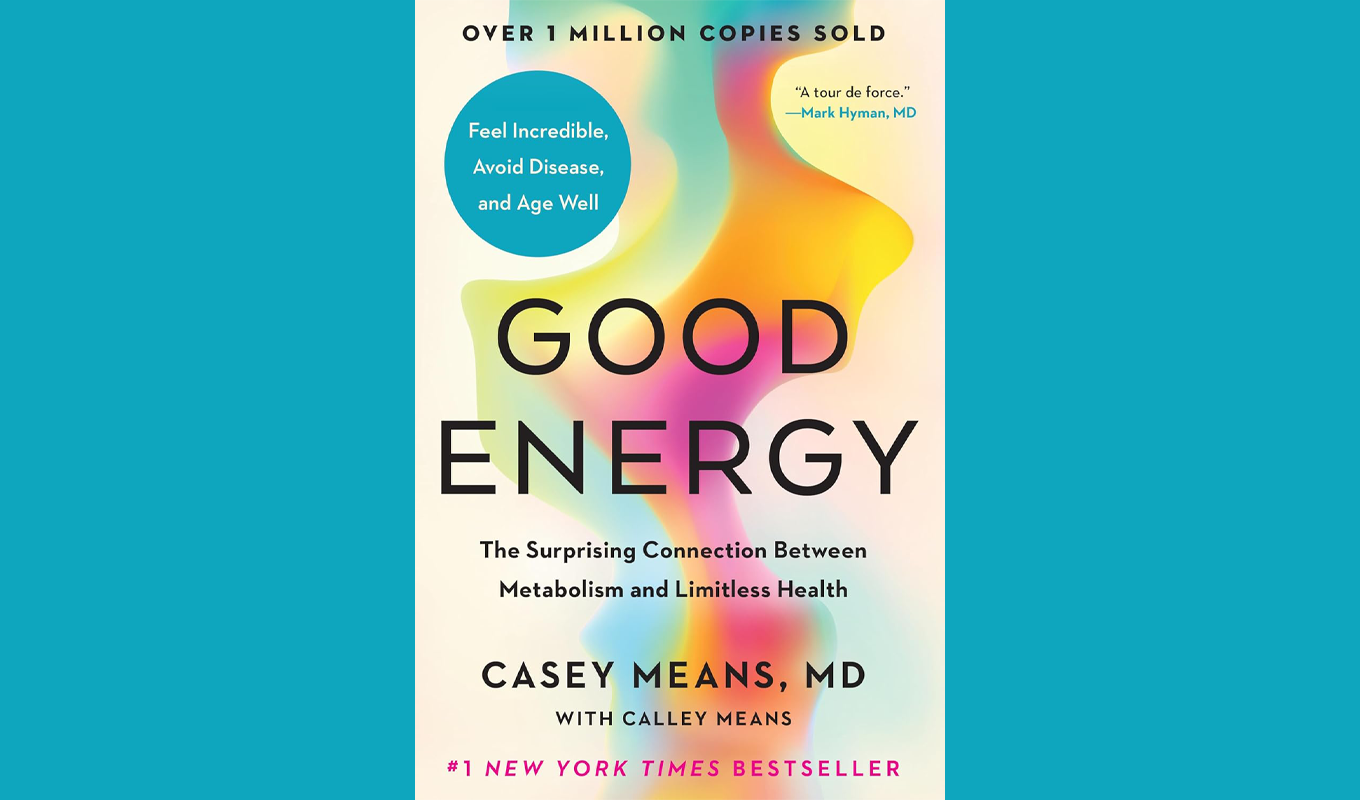 Cover of the book 'Good Energy' by Casey Means is shown against a blue background.