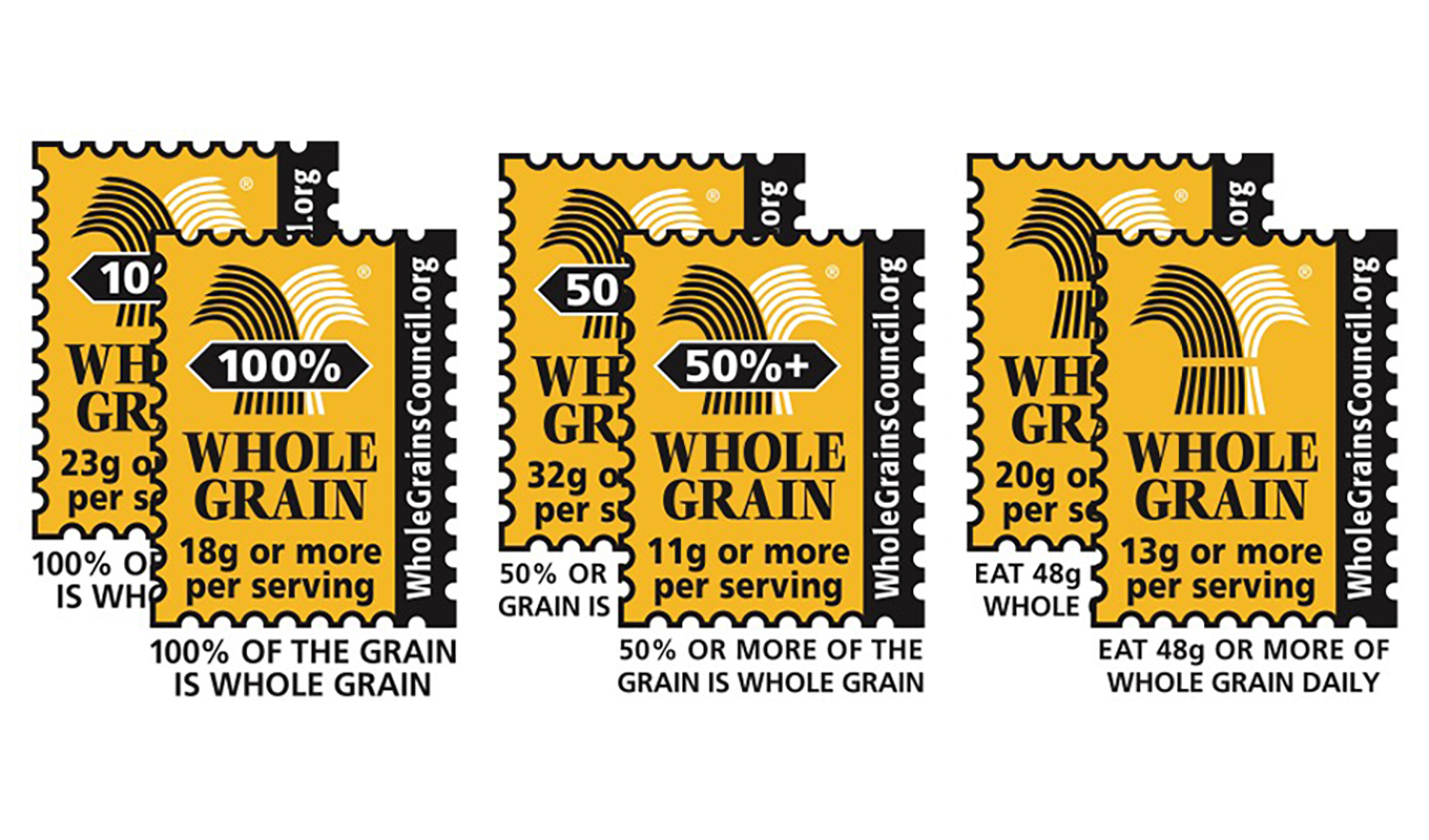 A series of five postage stamps promoting whole grain consumption with varying text overlays stating percentages of daily whole grain recommended intake. Each stamp has a graphic element of a wheat sheaf on the right.