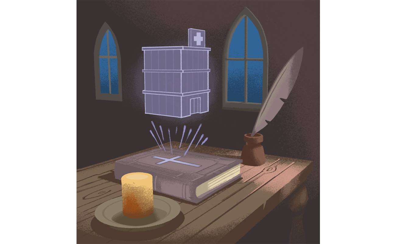 A drawing depicting a book resting on a table beside a candle and an elegant candle holder, with the shadow of a hospital hovering over a Bible.