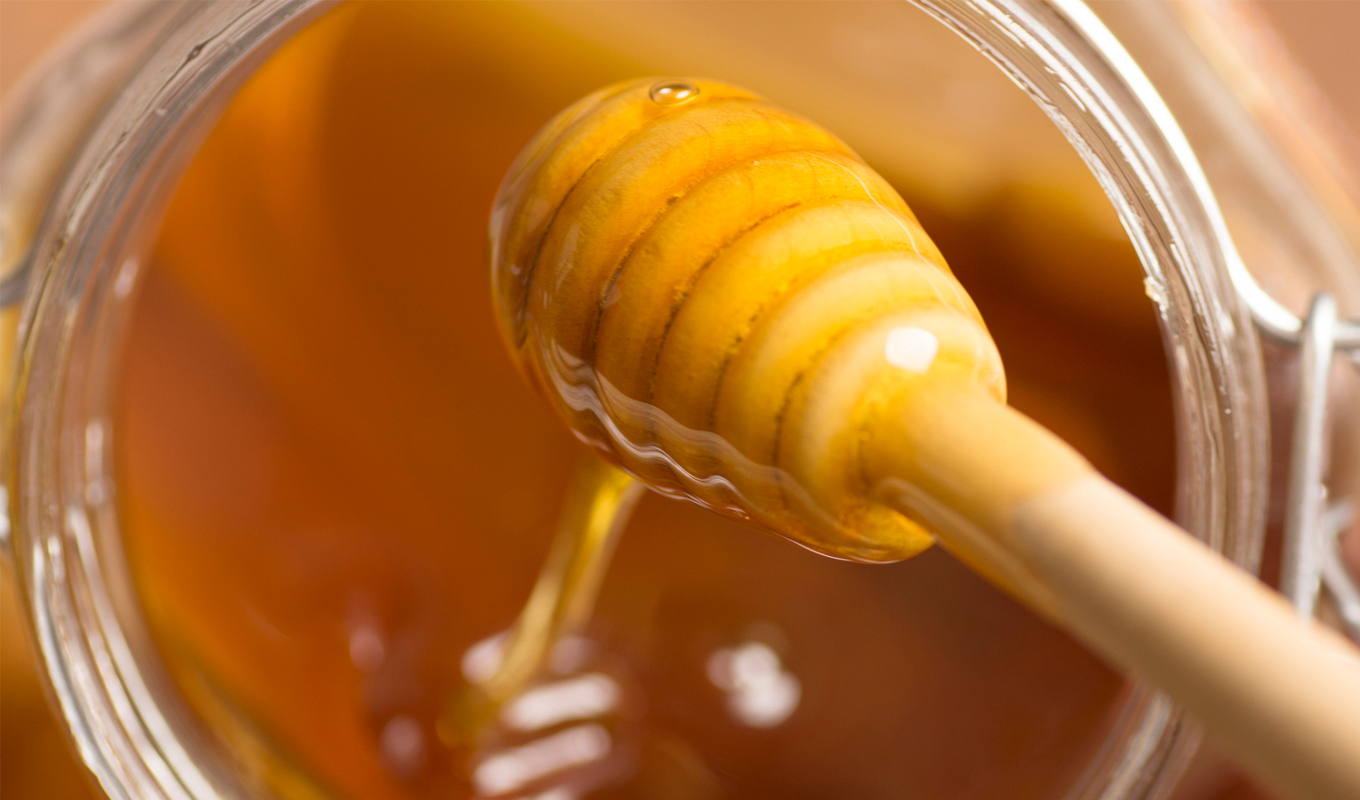 A honey dipper scoops up honey from a dish.
