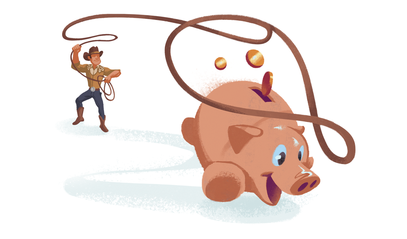 Illustration of a cowboy lassoing a piggy bank