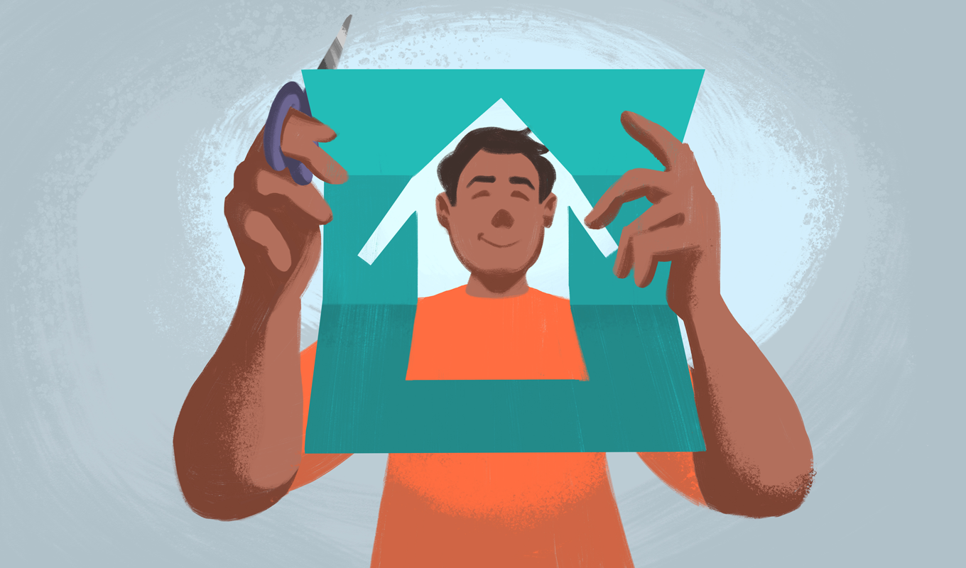 Illustration of a man holding a cutout of a house