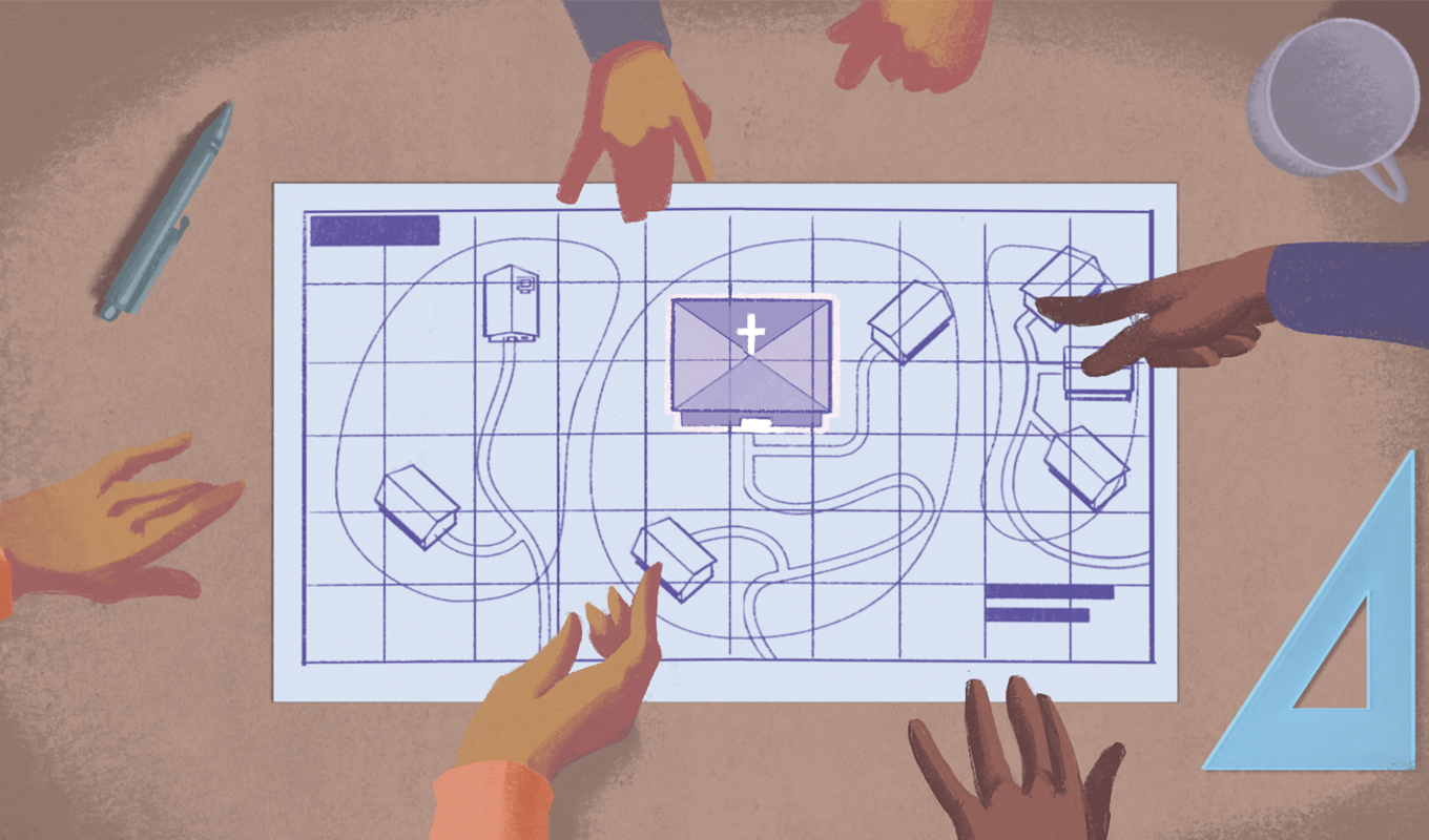 Illustration of people reviewing blueprints