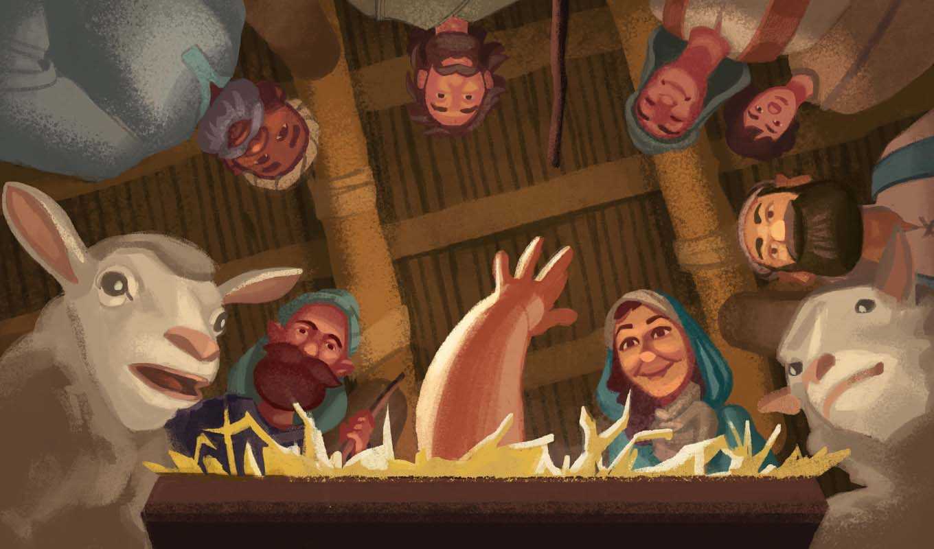 Illustration of Jesus' point of view at his birth in the manger