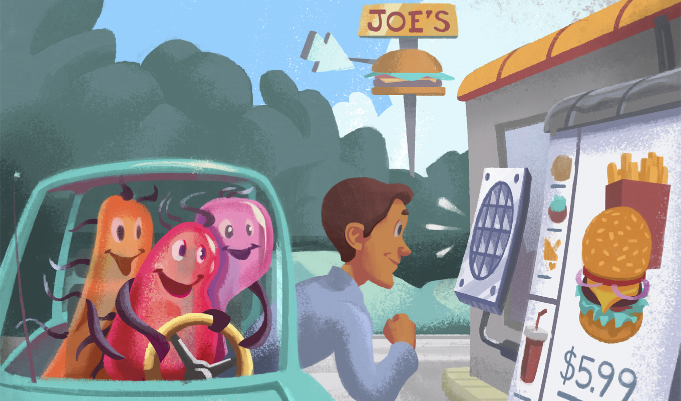 Illustration of a man ordering in a drive thru