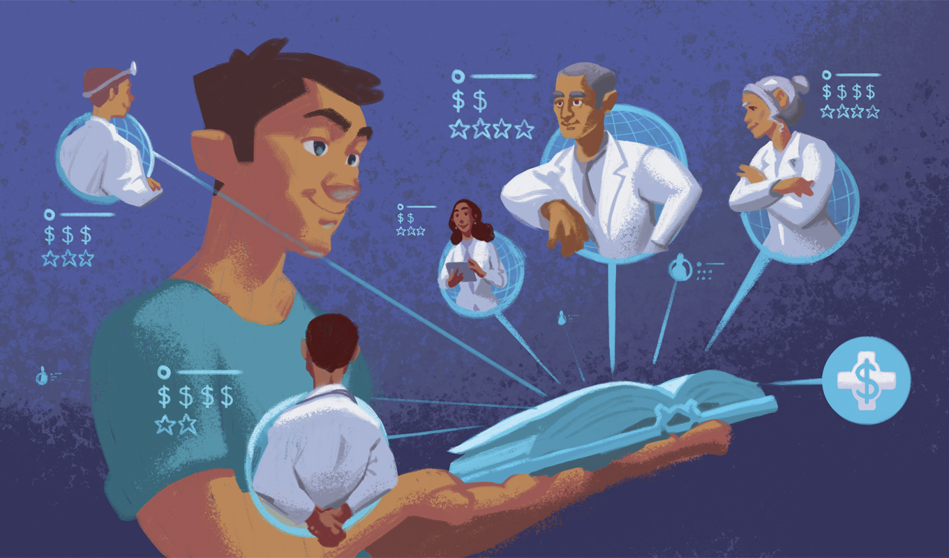 Illustrations of patient looking at all his medical options