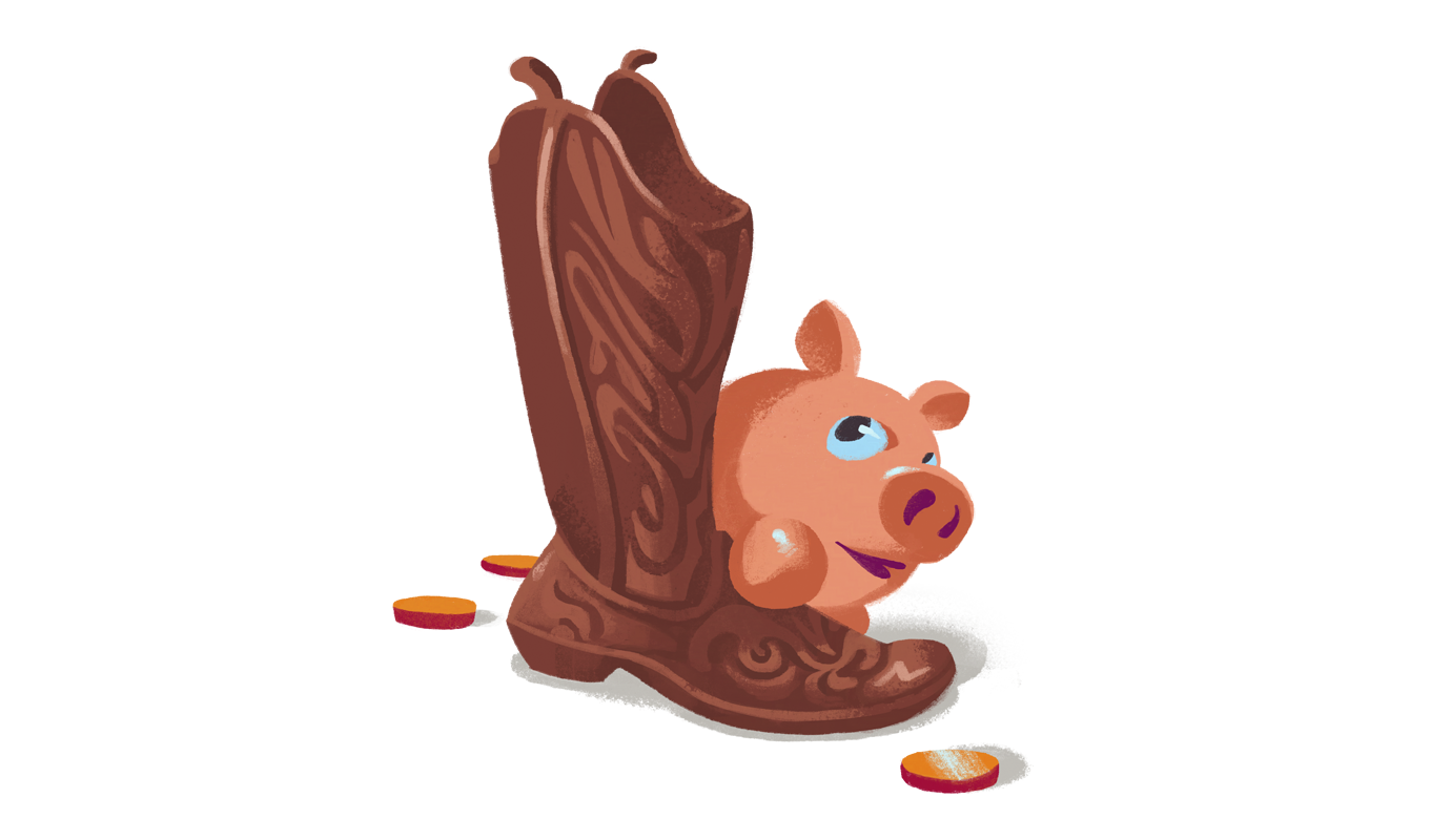 Illustration of a piggy bank hiding behind a cowboy boot