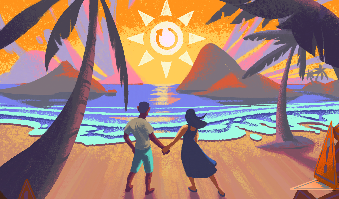 Illustration of a husband and wife on a beach