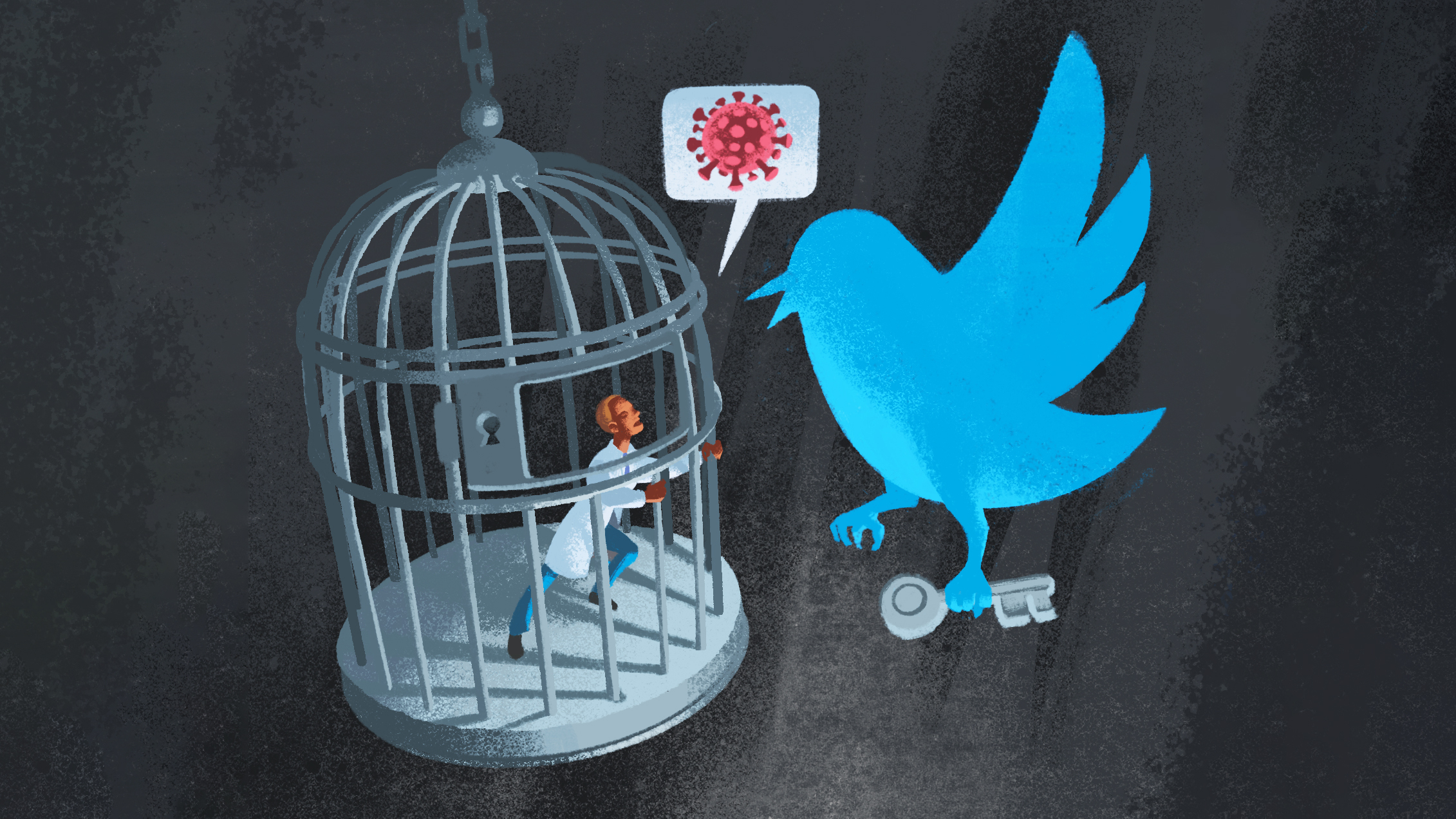 Illustration of a doctor locked in a bird cage and the Twitter icon holding the key