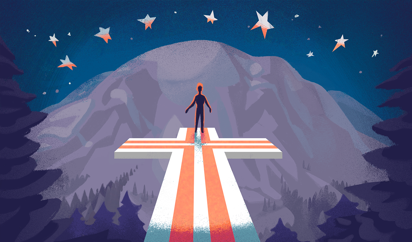Illustration of someone standing on a cross colored with the American flag