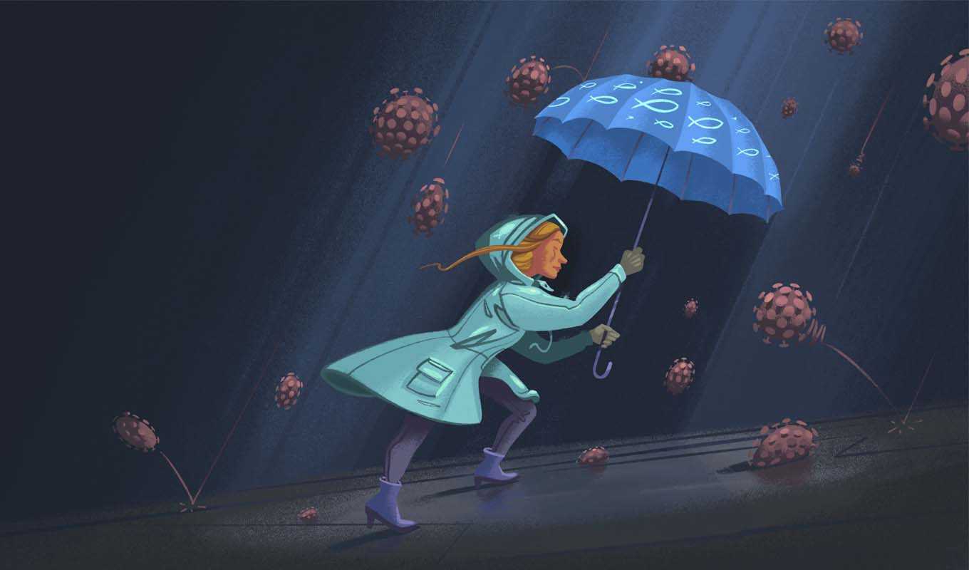 woman with umbrella while it's raining covid cells