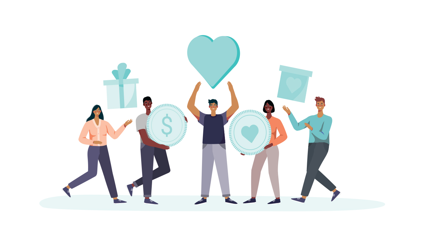Illustration of people holding up gifts, money, and hearts