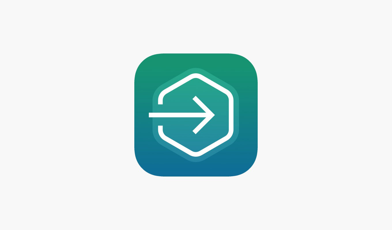 Teal gradient app icon with a white hexagon outline and right-pointing arrow centered on a light background.