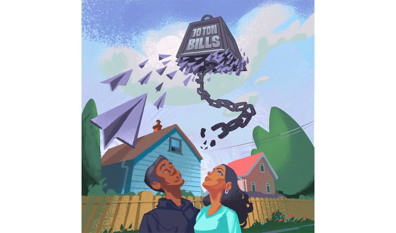 Illustration of two people looking up at a large weight labeled '10 TON BILLS' breaking into paper airplanes. The weight is suspended by a broken chain. Background includes two houses, a wooden fence, trees, bushes, and a blue sky with clouds.