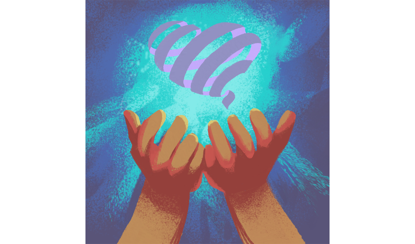 Illustration of hands holding a ribbon in the shape of a heart