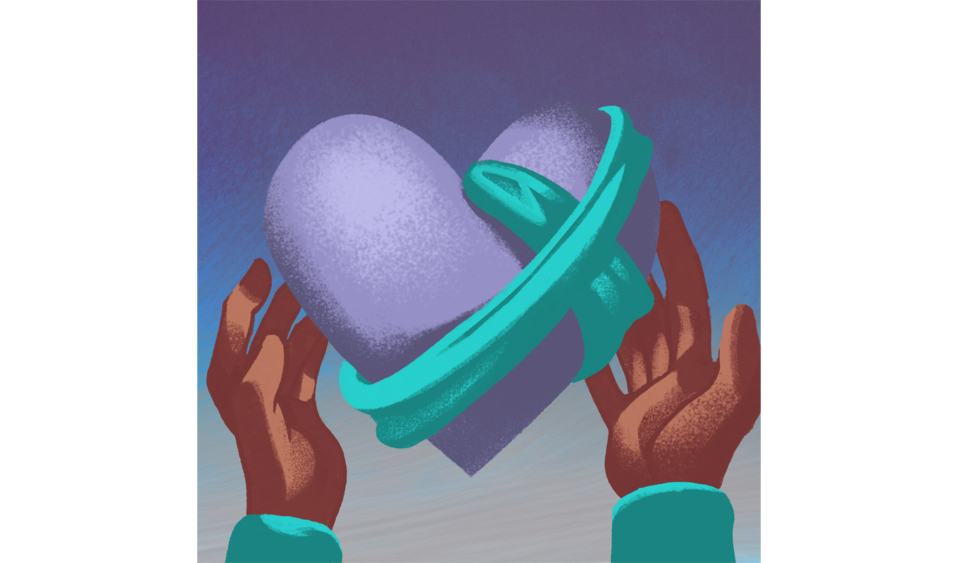 Hands gently cradling a heart against a serene blue background, symbolizing love and compassion.