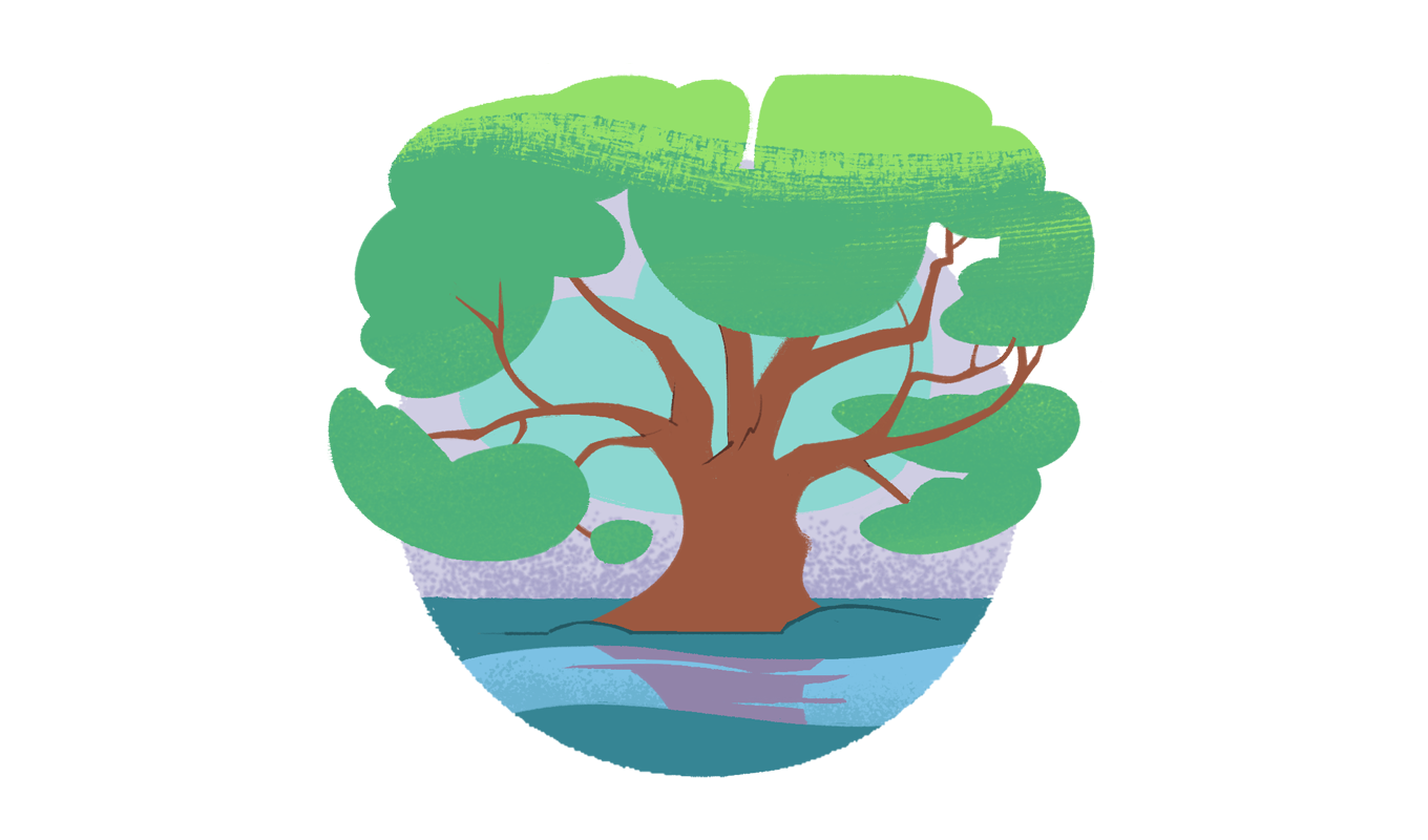 A lone tree stands next to a tranquil lake.