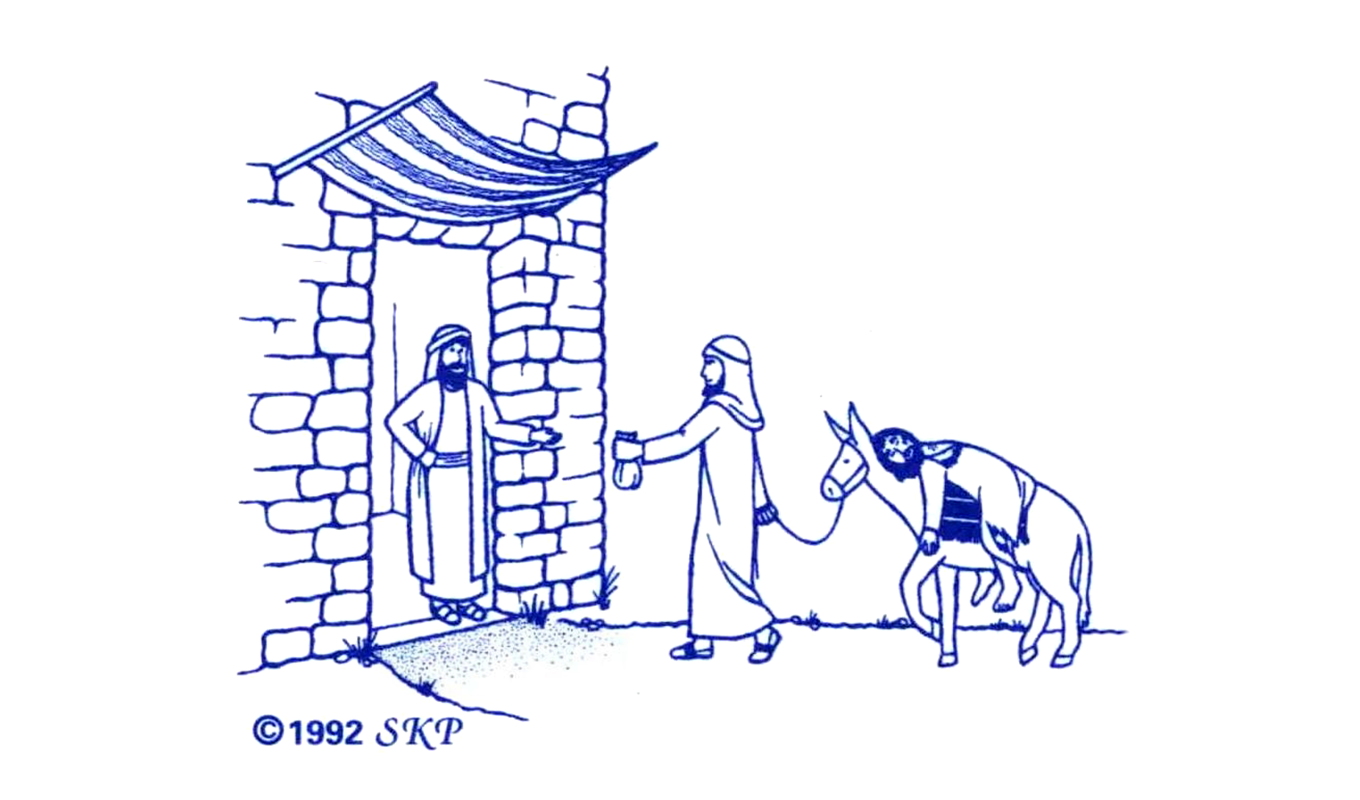 Illustration of a person at a doorway greeting another leading a donkey carrying an injured person.