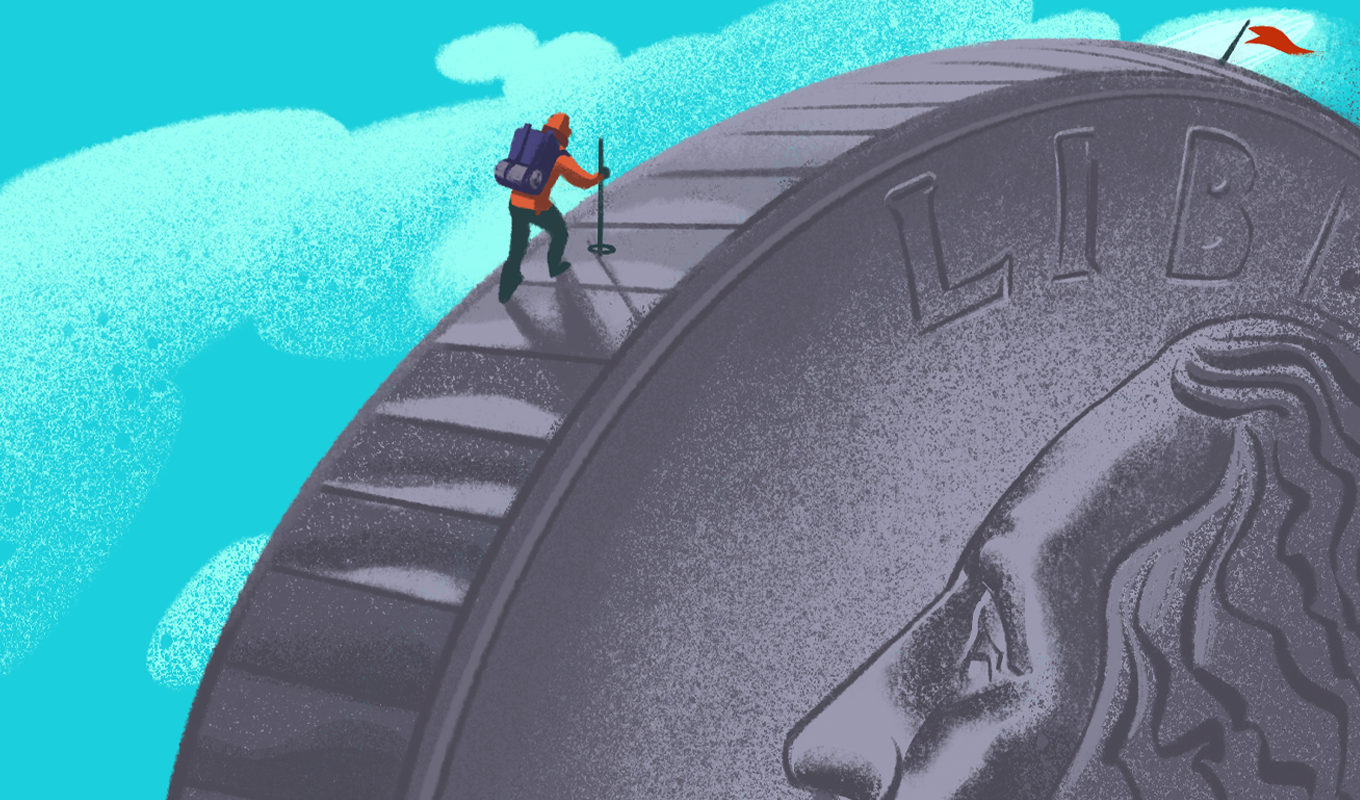 A person triumphantly stands on a giant coin, symbolizing success and achievement in a playful, imaginative scene.