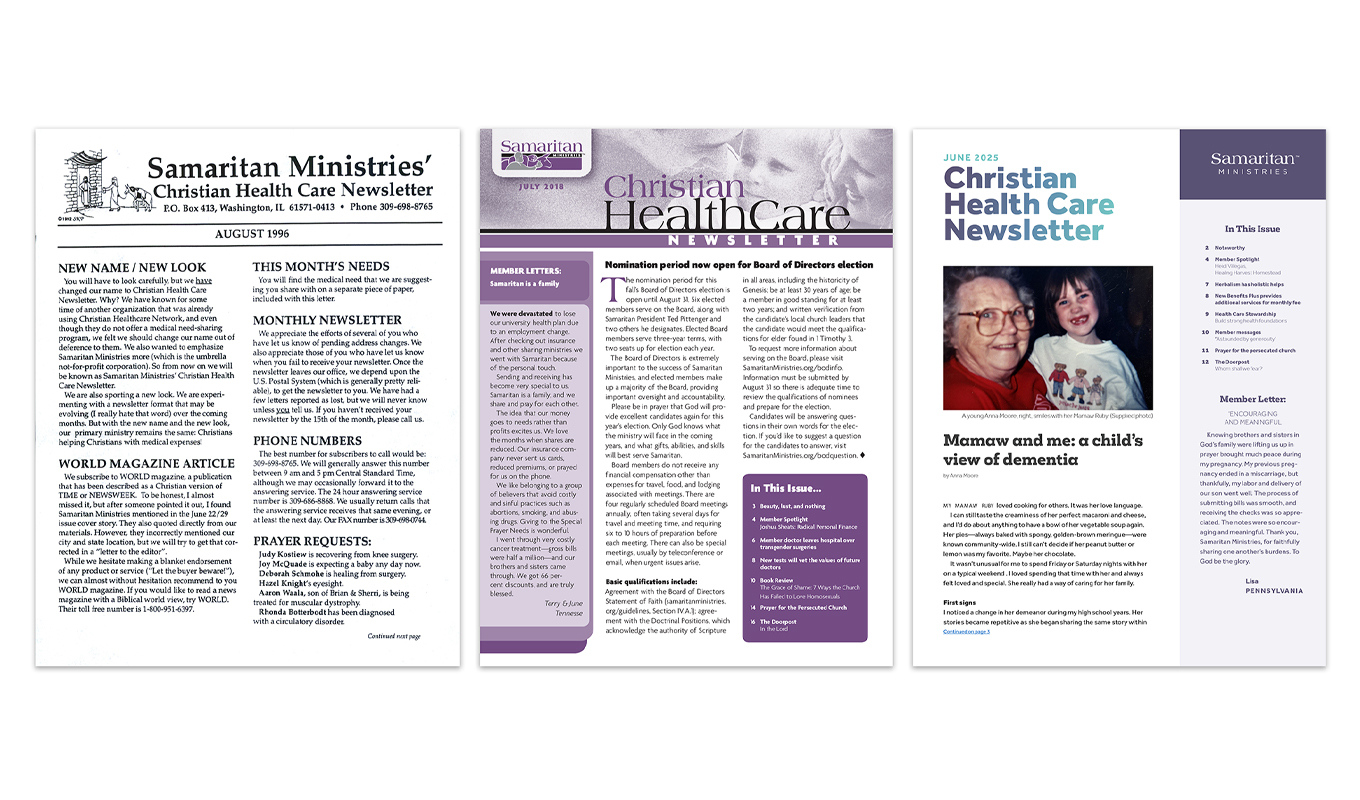 Three issues of Samaritan Ministries Christian Health Care Newsletter, with varying content, including articles, photos of individuals, and text boxes in shades of purple and blue.