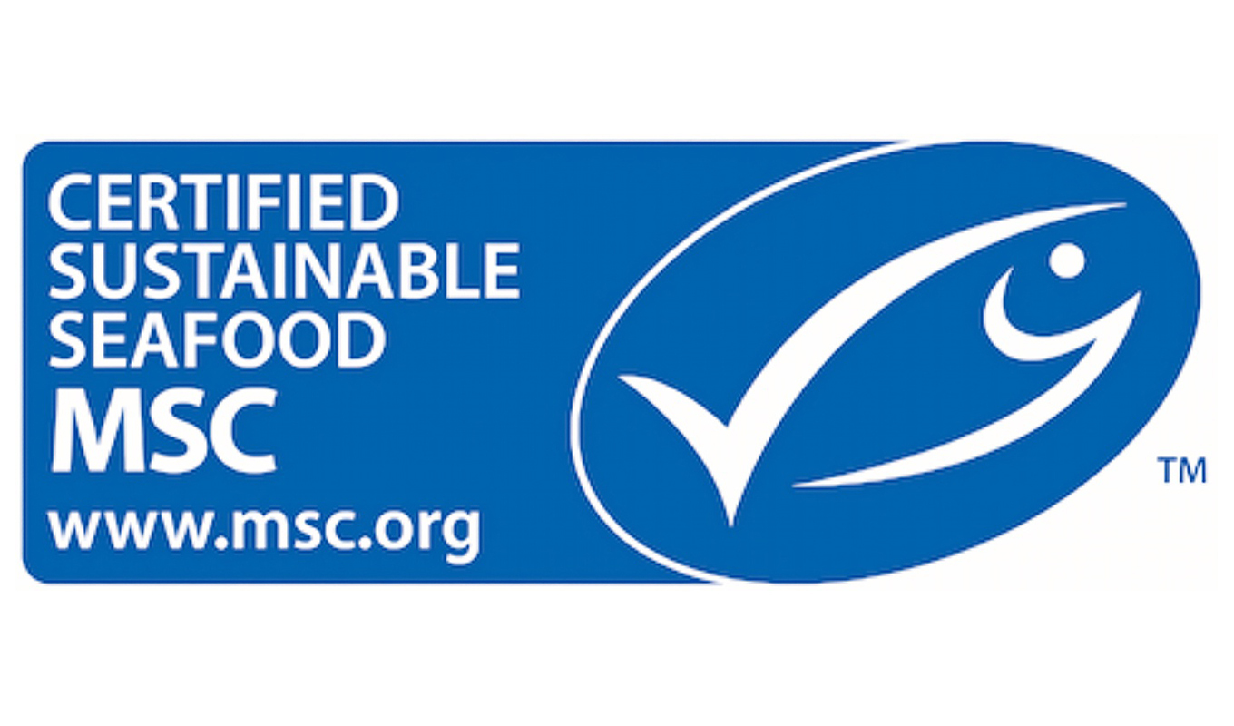 Logo of the Marine Stewardship Council featuring a white check mark and a stylized fish on a blue background with the text "Certified Sustainable Seafood MSC" and the website "www.msc.org."
