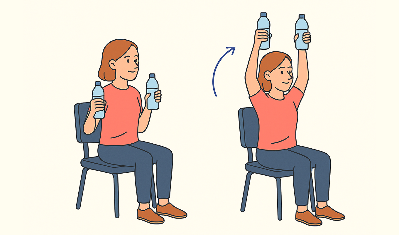 A person seated in a chair performs a shoulder press exercise using two water bottles, starting with arms bent at their sides and then lifting both bottles overhead.