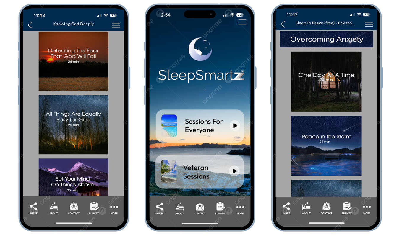Three smartphone screens displaying a relaxation and meditation app with session titles and images.