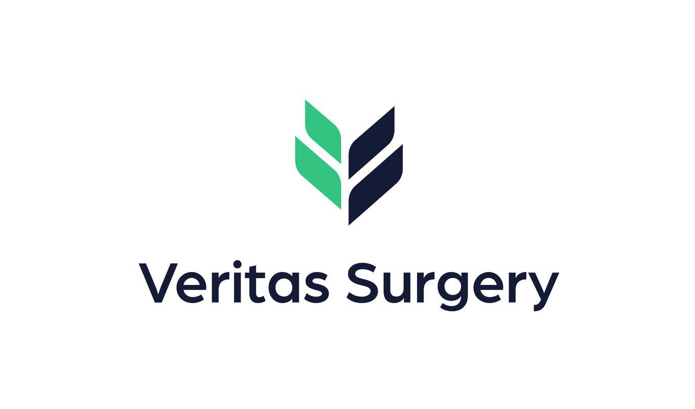 Logo consisting of three stylized leaf‑shaped segments—two in dark blue and one in green—arranged in a symmetrical, upward‑pointing pattern above the text ‘Veritas Surgery’ in dark blue lettering.